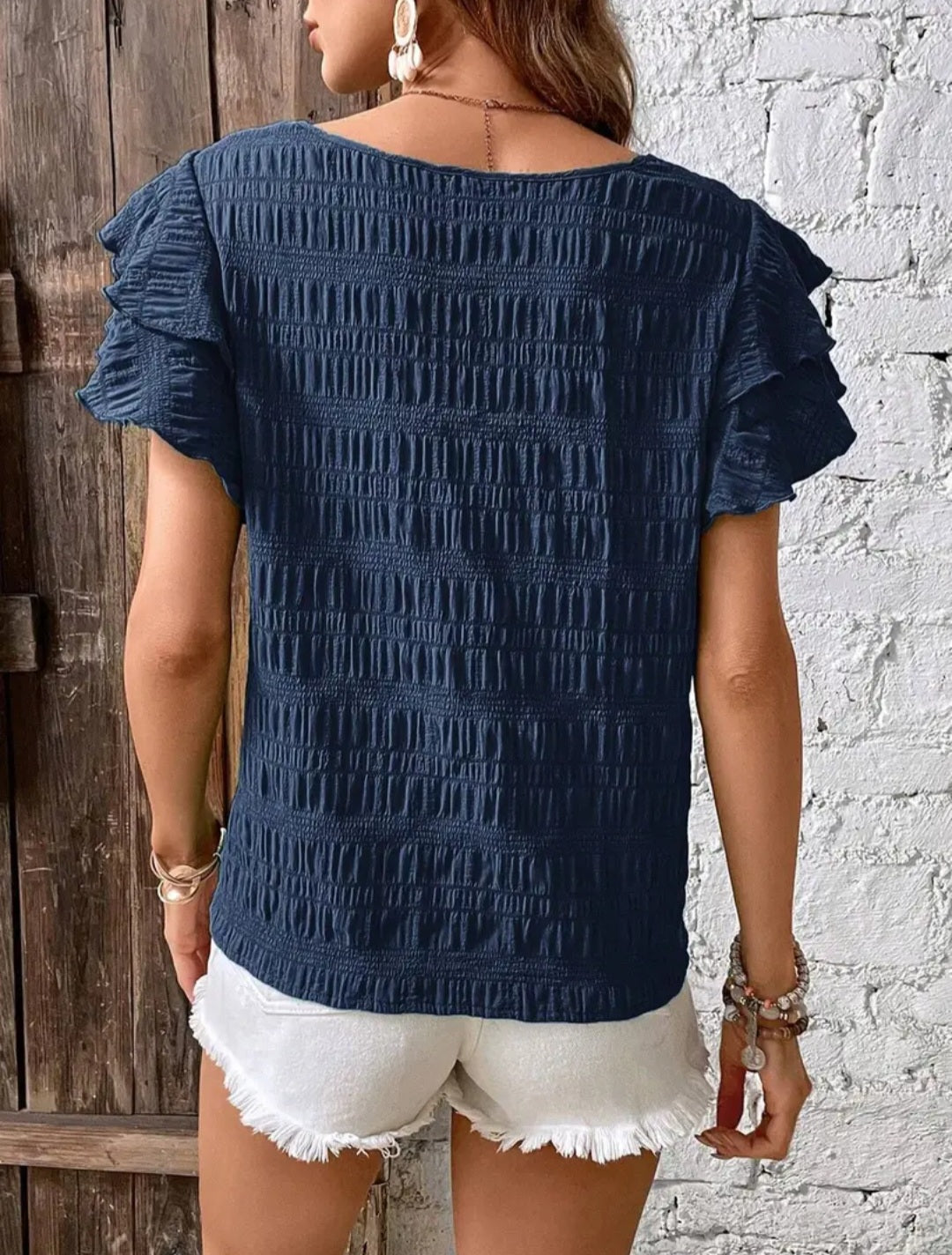 Navy Ruffle Sleeve Blouse