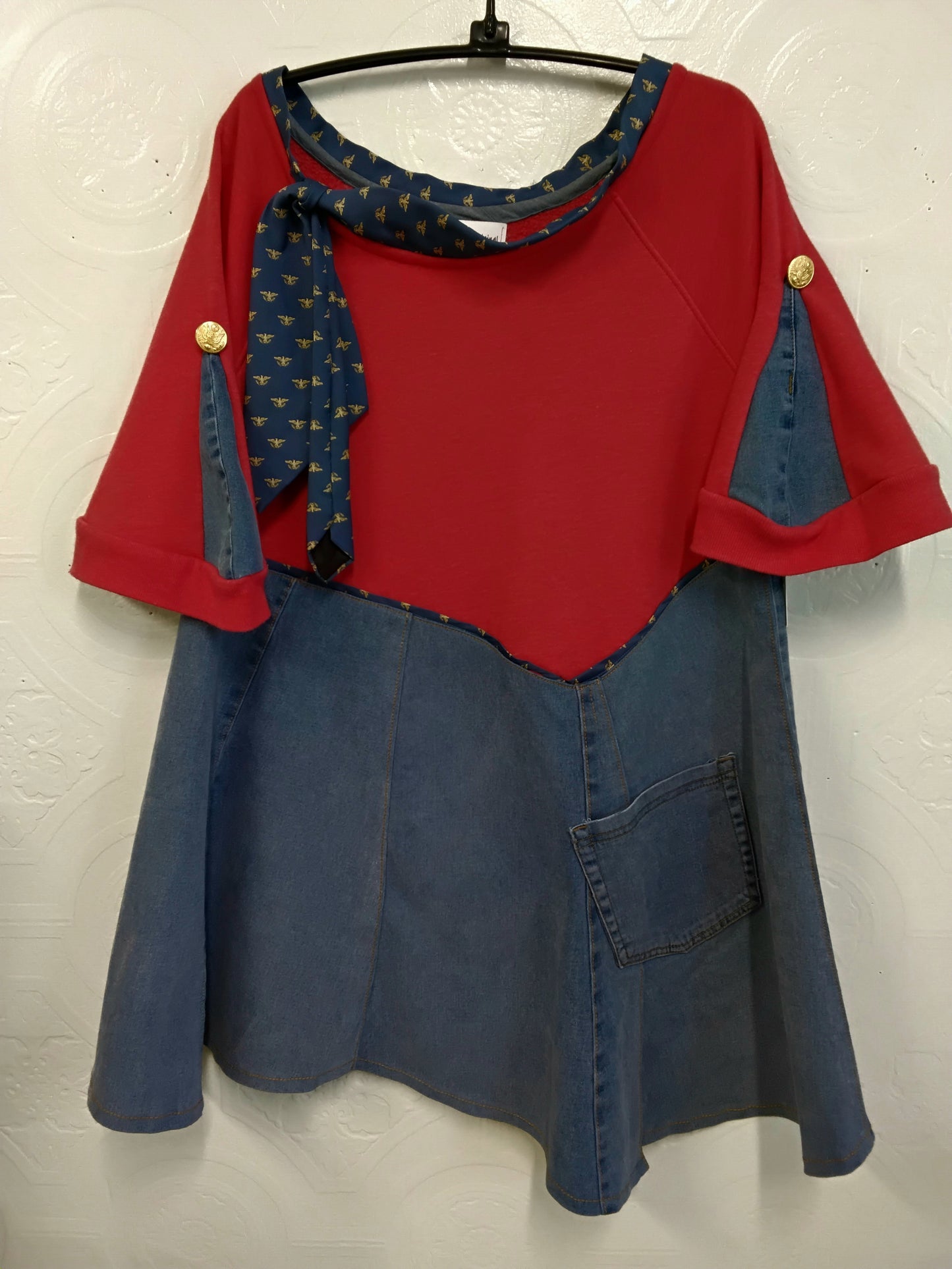 Red Sweatshirt Denim Dress