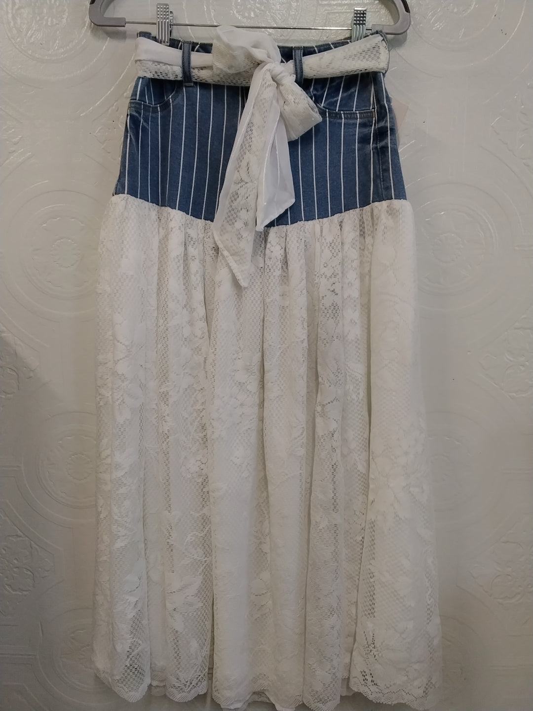 White Lace Denim Skirt