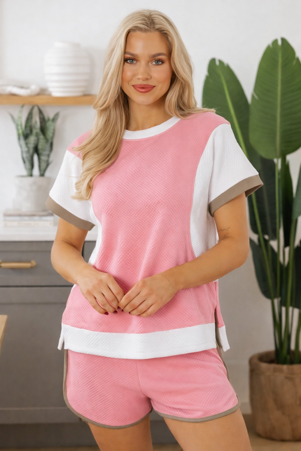 Pink/White/Brown 2PC Short Set