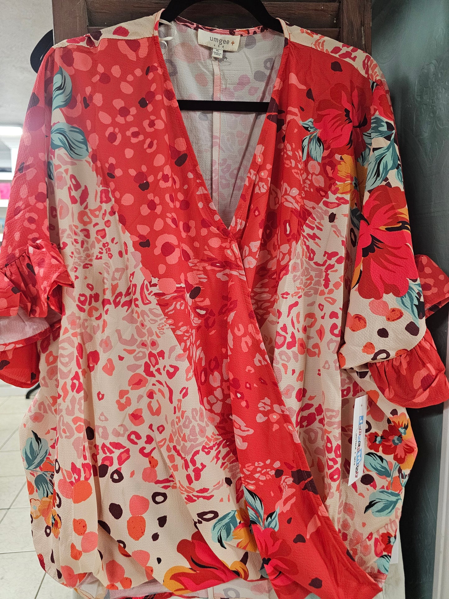 Coral Floral Animal Print V-Neck Top